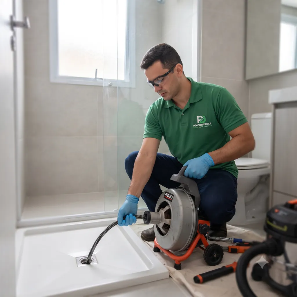 Técnico da P.D Controle de Pragas Urbanas realizando desentupimento em banheiro residencial
