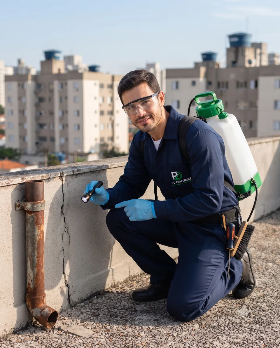 Técnico da PD Controle de Pragas Urbanas realizando serviço em edifício em Guarulhos